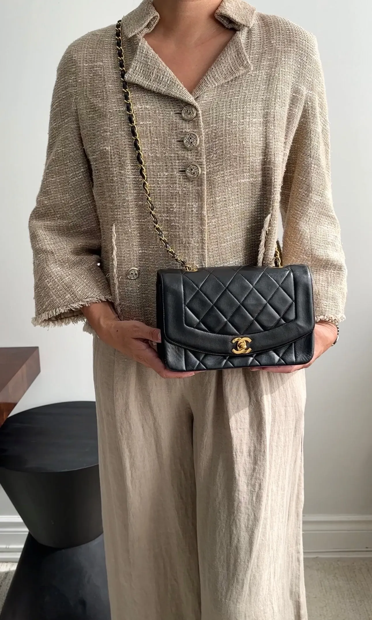 Chanel Vintage 1991 Small Black Leather Quilted Diana Flap Bag