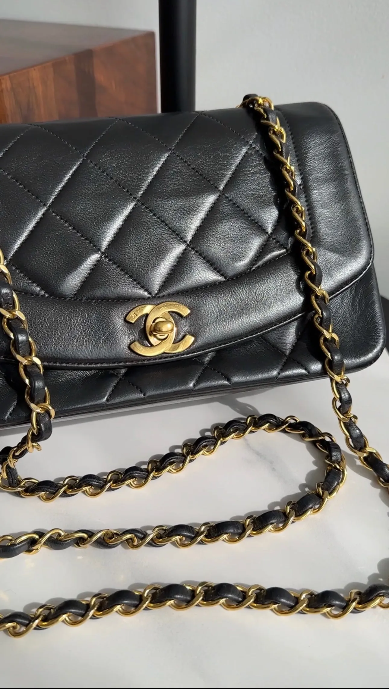 Chanel Vintage 1991 Small Black Leather Quilted Diana Flap Bag