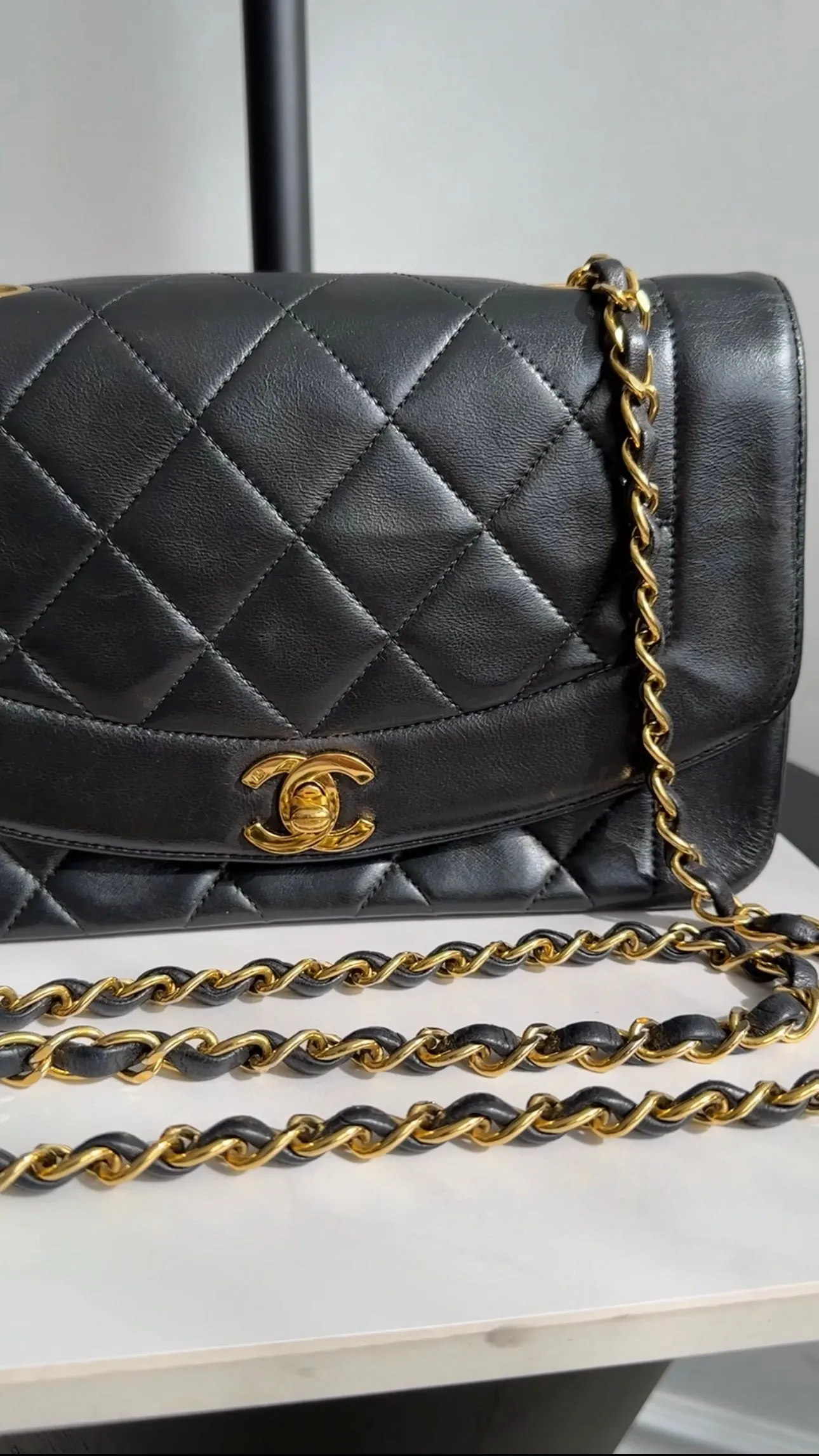 Chanel Vintage 1991 Small Black Leather Quilted Diana Flap Bag