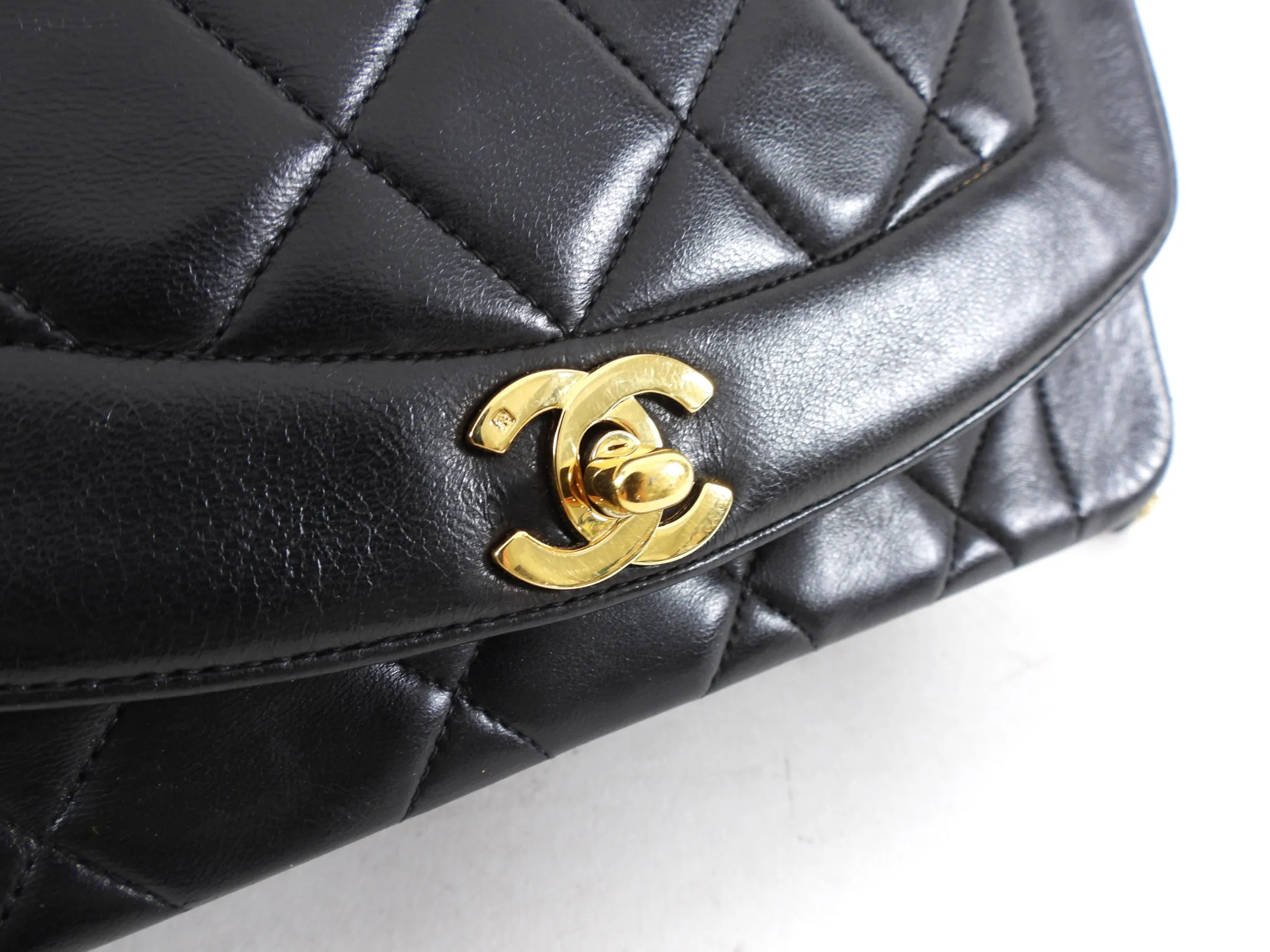 Chanel Vintage 1991 Small Black Leather Quilted Diana Flap Bag