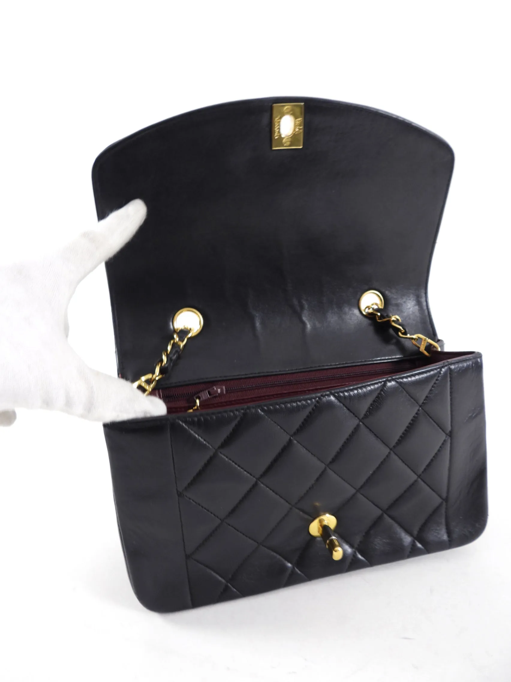 Chanel Vintage 1991 Small Black Leather Quilted Diana Flap Bag