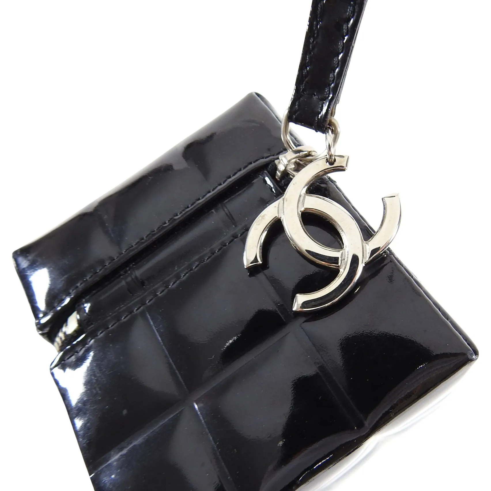 Chanel Vintage Black Patent Leather Micro Quilt Cube Wristlet Bag