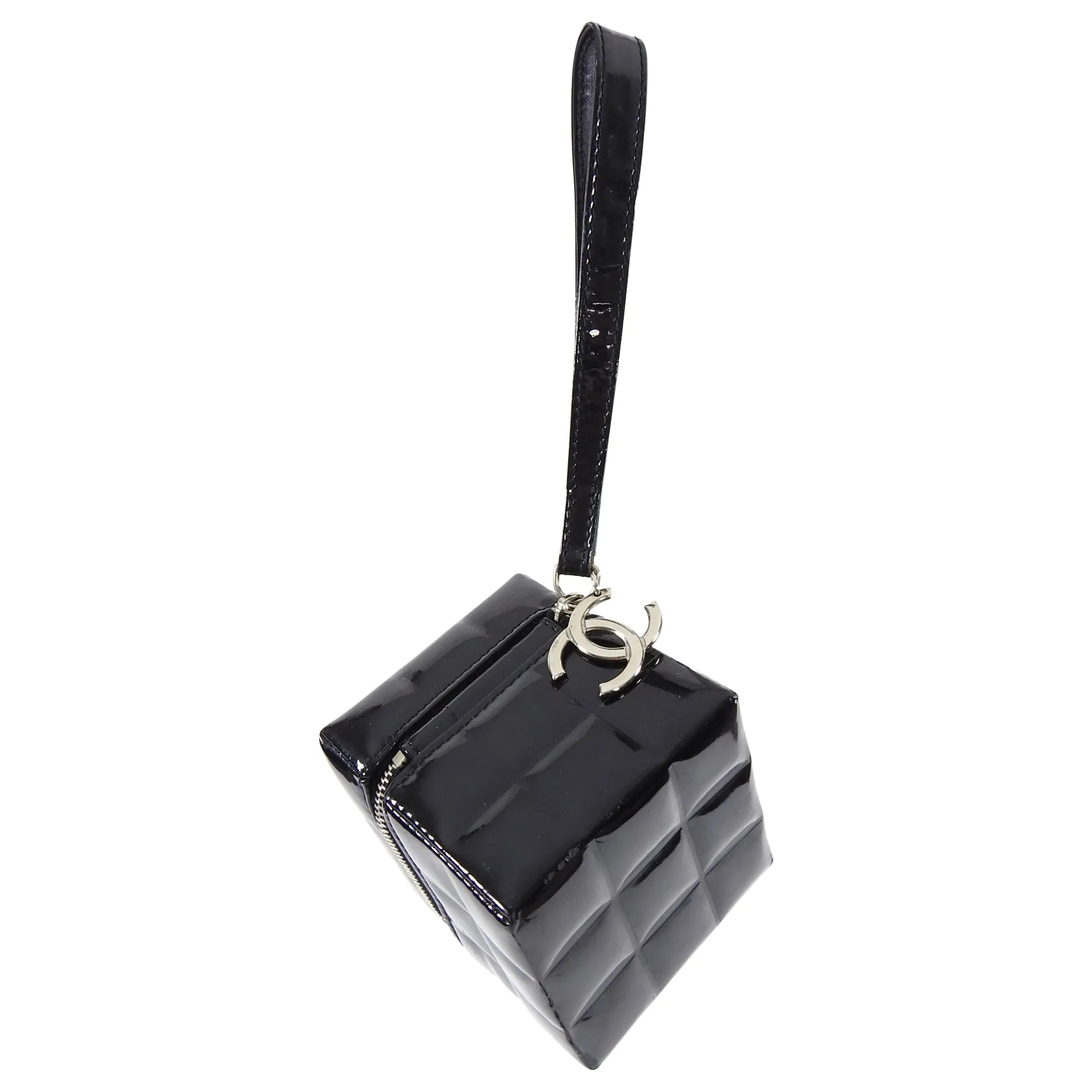Chanel Vintage Black Patent Leather Micro Quilt Cube Wristlet Bag