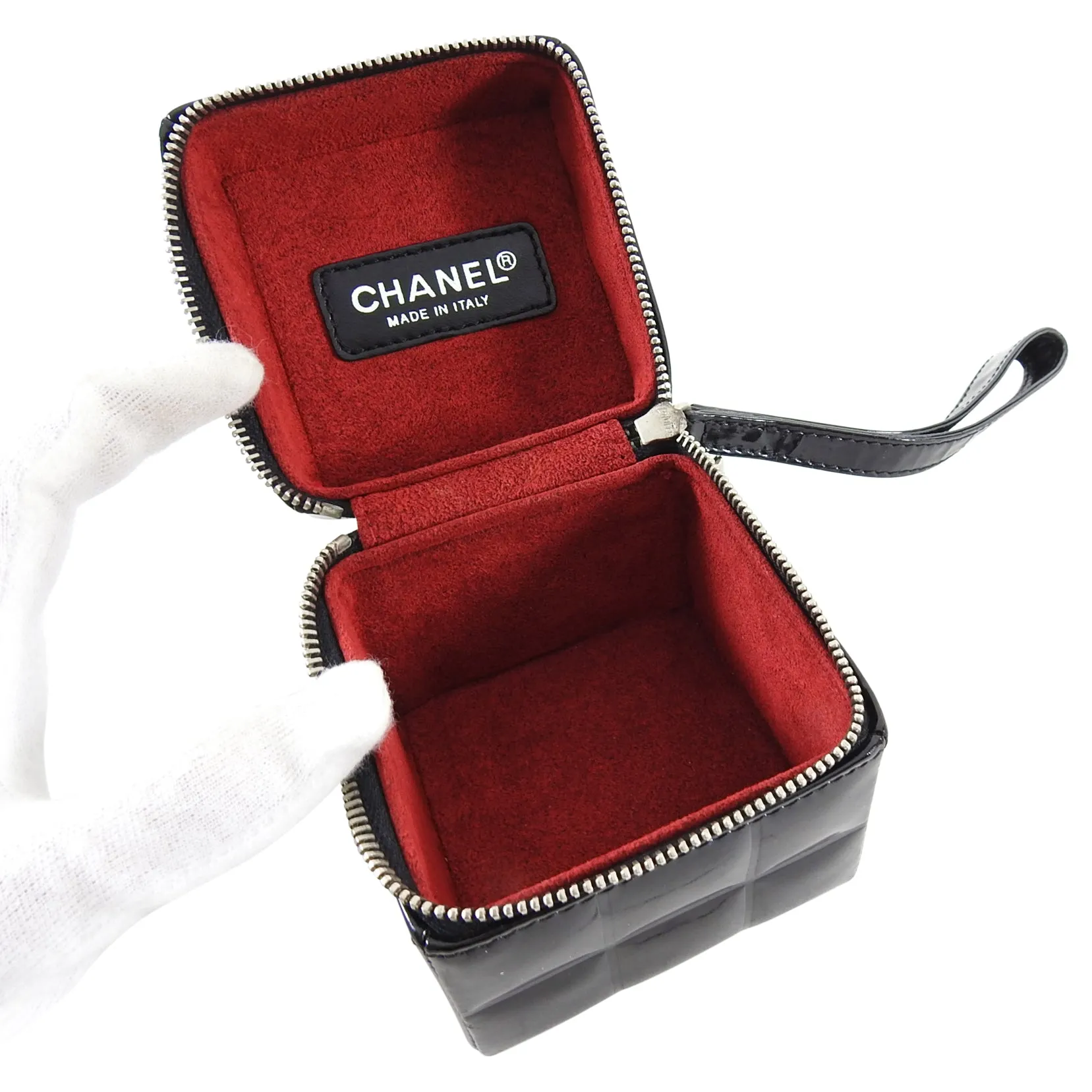 Chanel Vintage Black Patent Leather Micro Quilt Cube Wristlet Bag