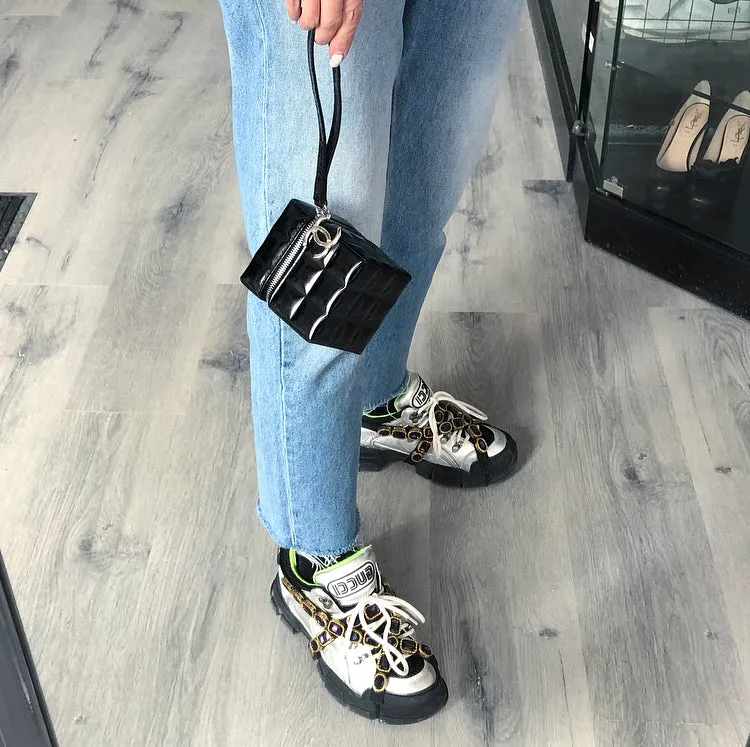 Chanel Vintage Black Patent Leather Micro Quilt Cube Wristlet Bag