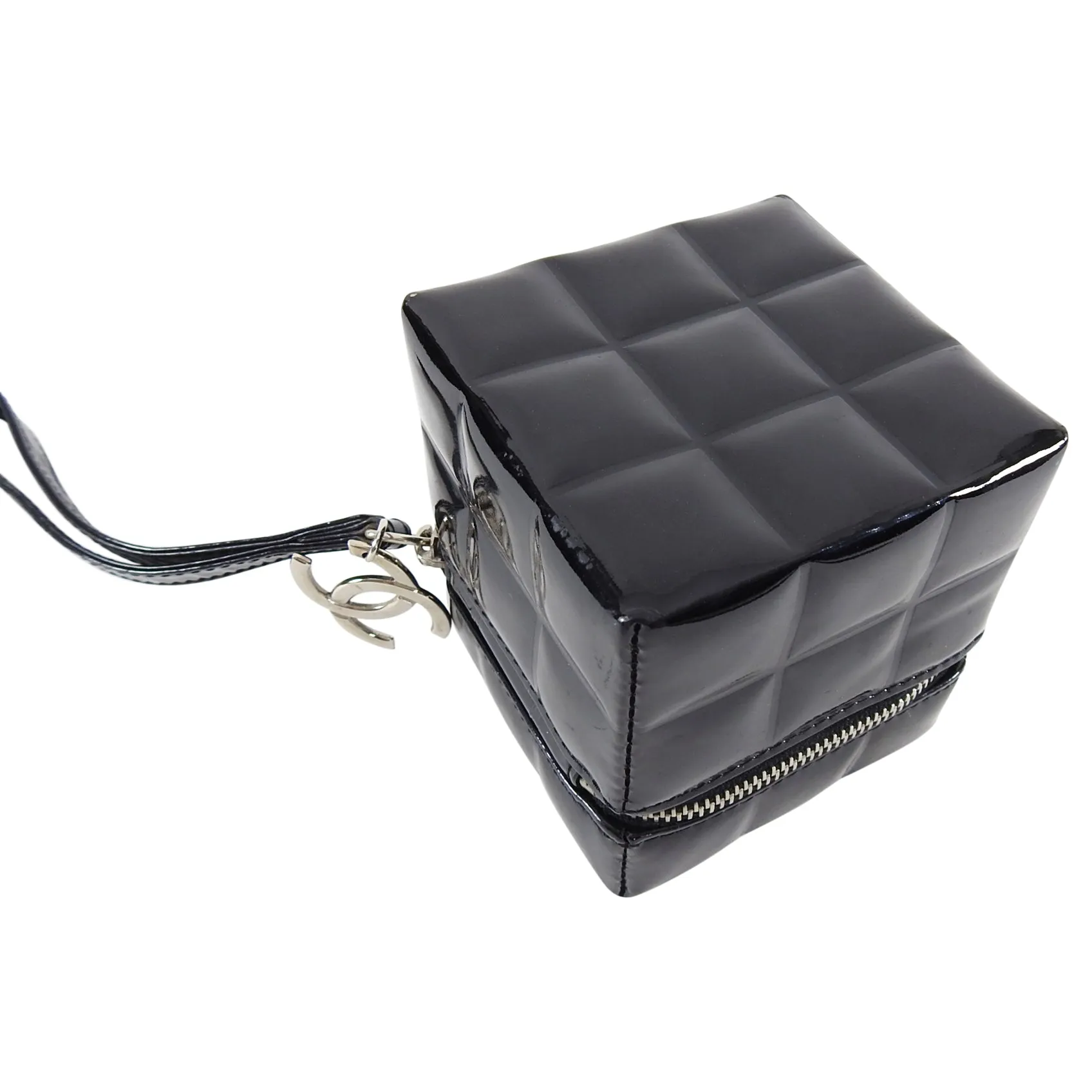 Chanel Vintage Black Patent Leather Micro Quilt Cube Wristlet Bag
