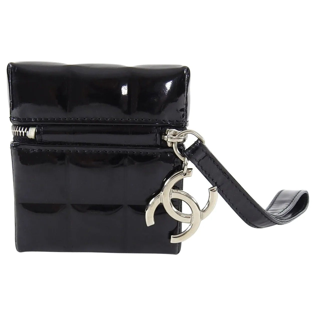 Chanel Vintage Black Patent Leather Micro Quilt Cube Wristlet Bag
