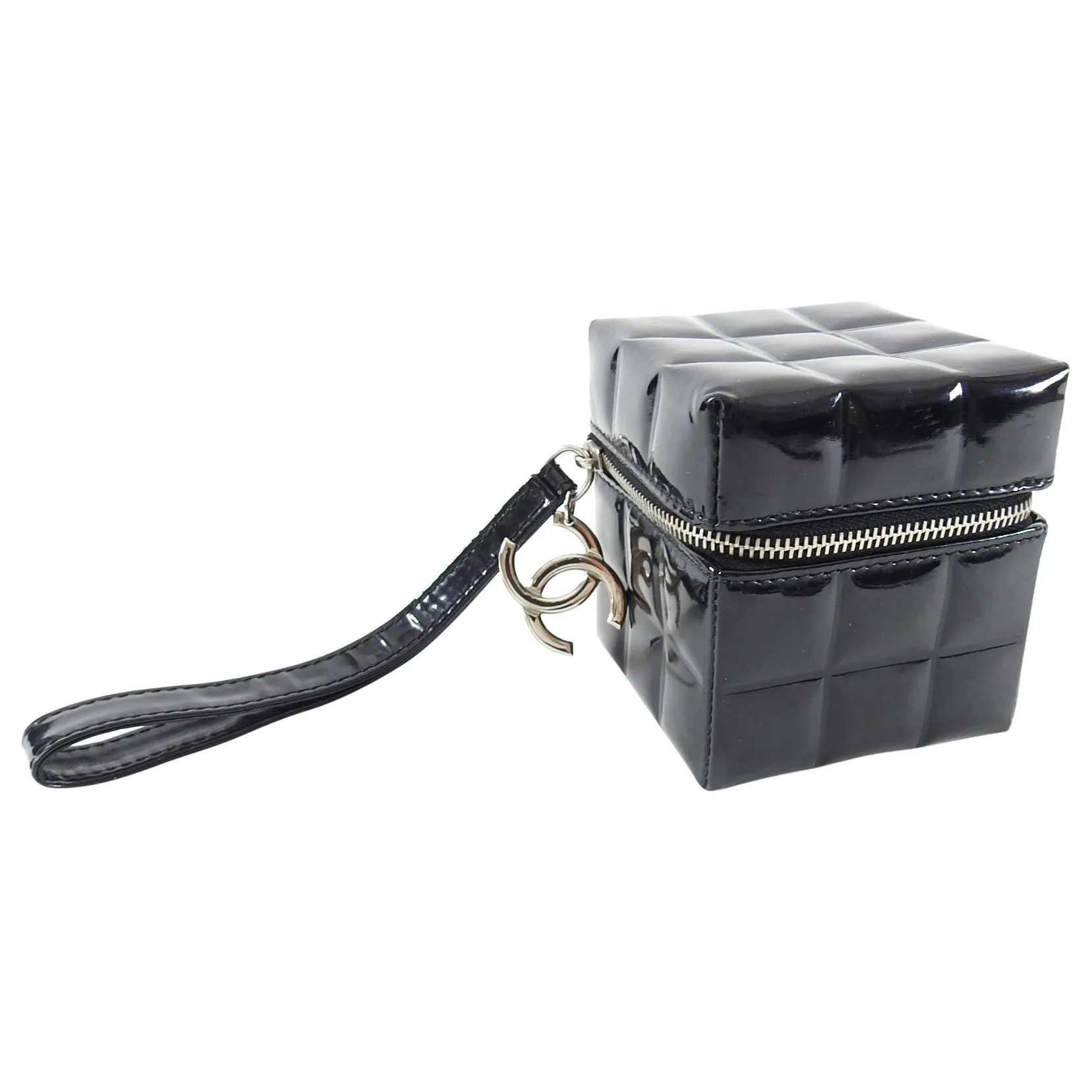Chanel Vintage Black Patent Leather Micro Quilt Cube Wristlet Bag