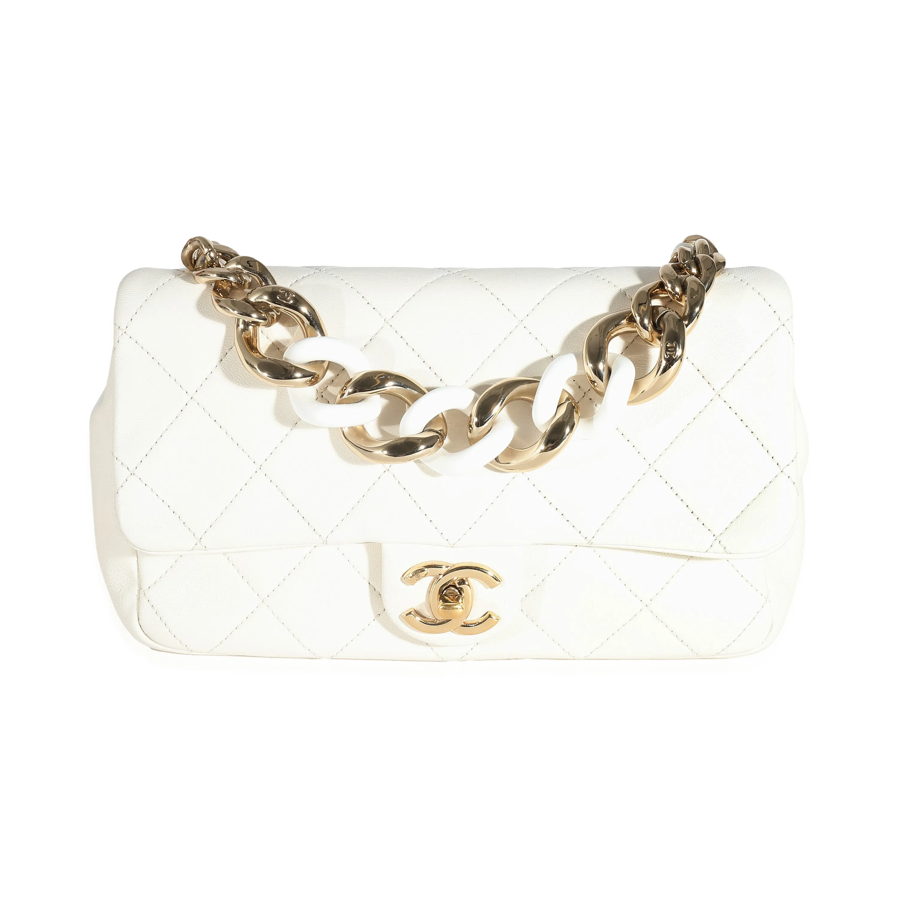 CHANEL White Quilted Lambskin Elegant Chain Flap Bag