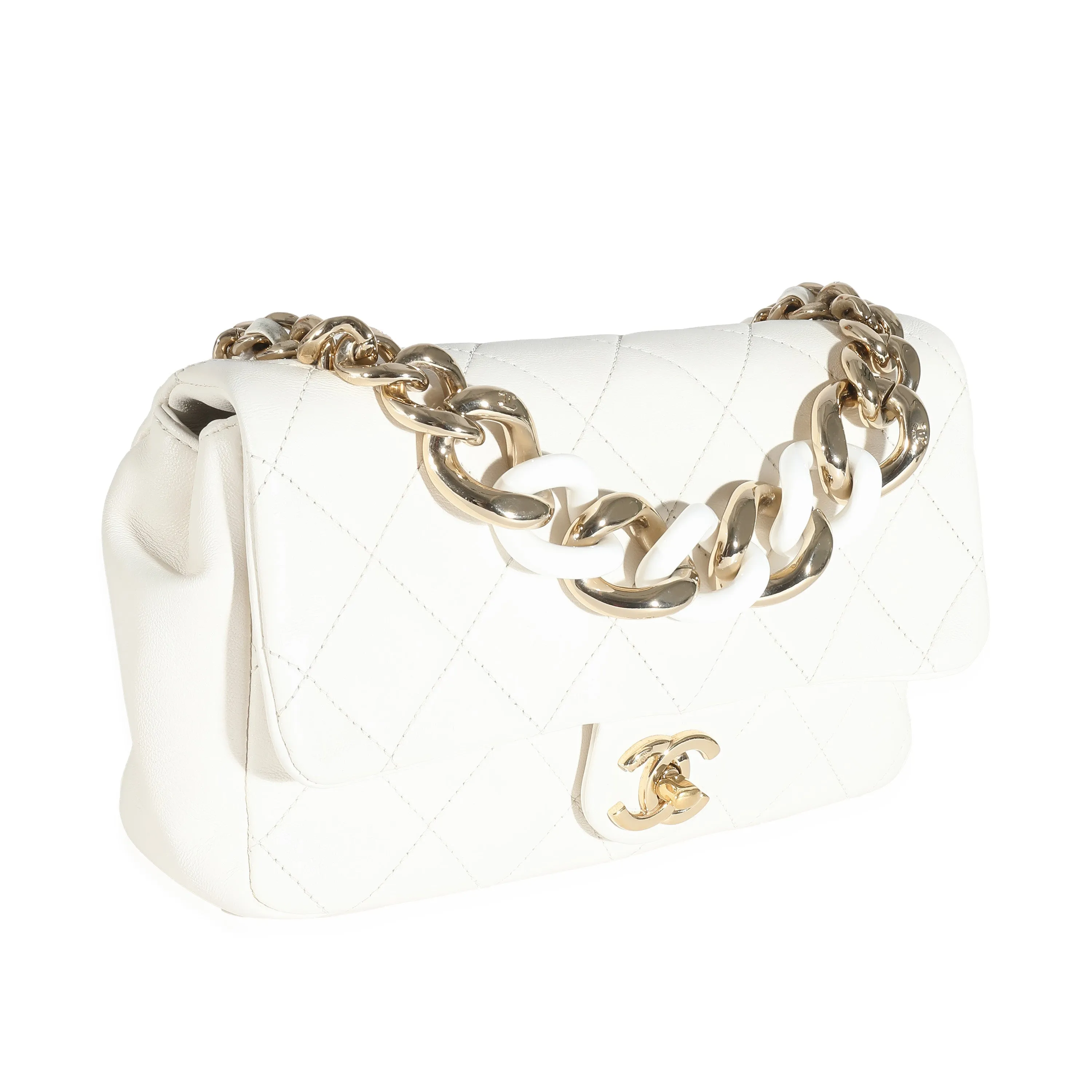 CHANEL White Quilted Lambskin Elegant Chain Flap Bag