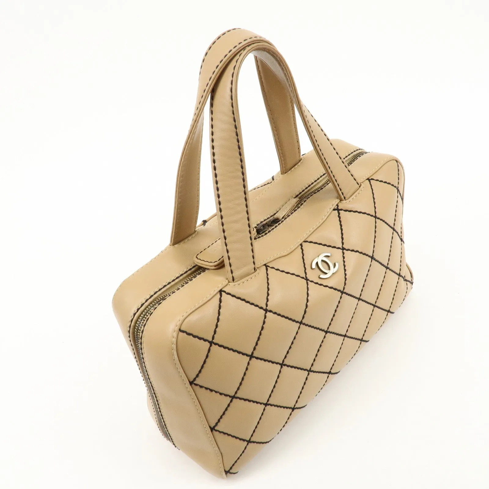 CHANEL Wild Stitch Lamb Skin Coco Mark Hand Bag Beige A14692 Used