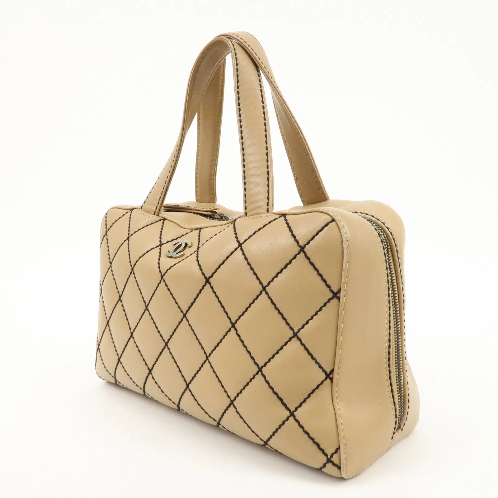CHANEL Wild Stitch Lamb Skin Coco Mark Hand Bag Beige A14692 Used