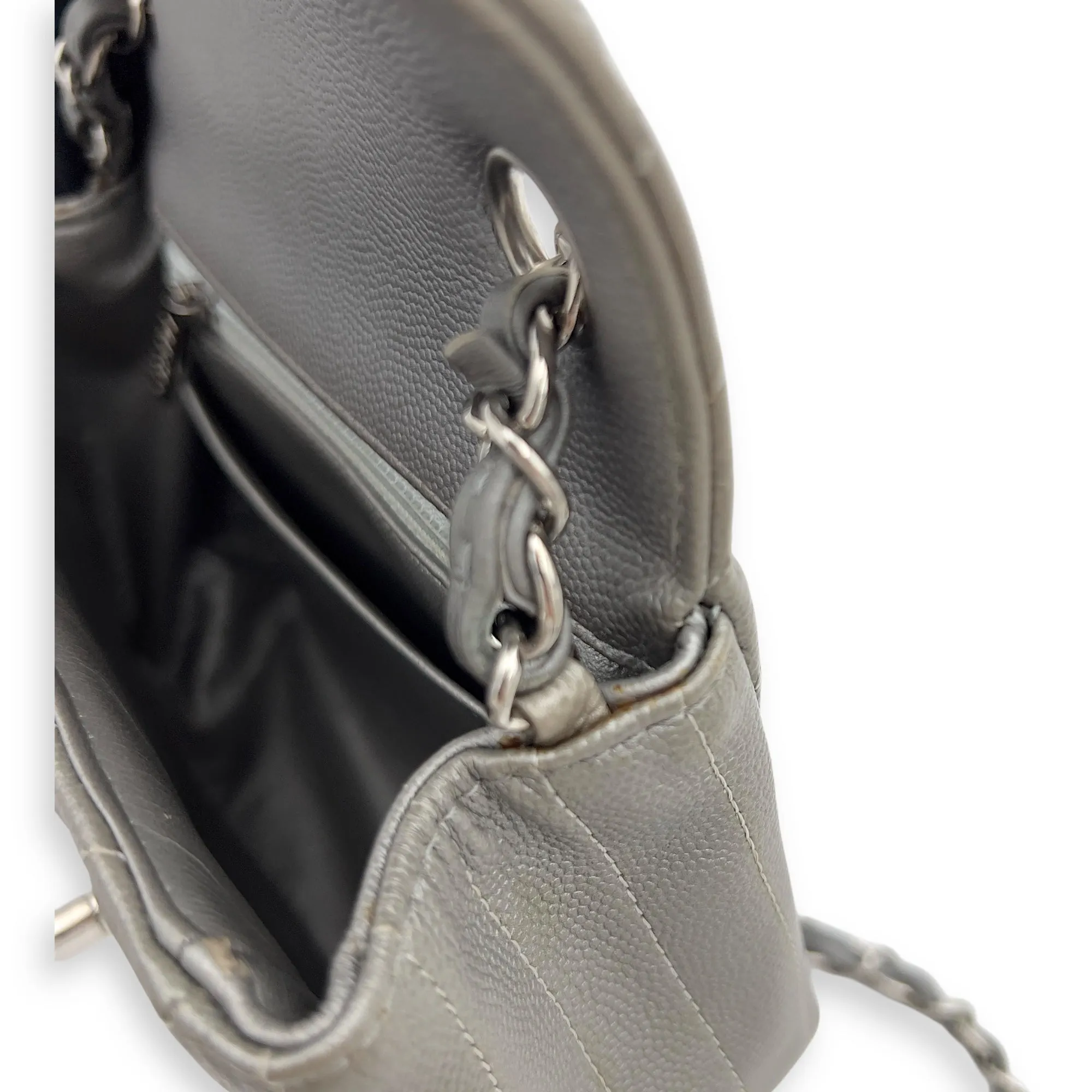 Chevron Square Mini Grey Crossbody Bag in Canvas, Silver hardware