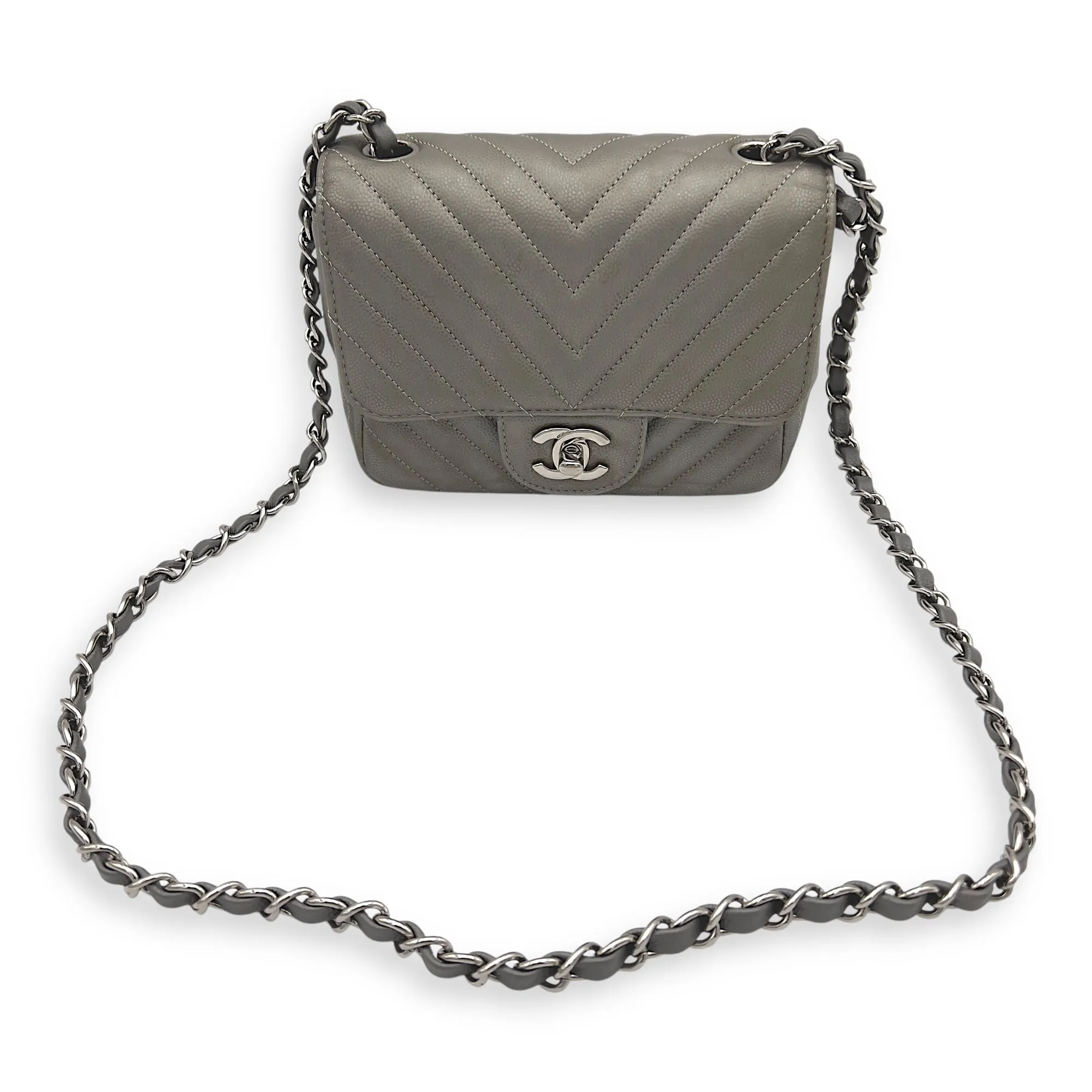 Chevron Square Mini Grey Crossbody Bag in Canvas, Silver hardware