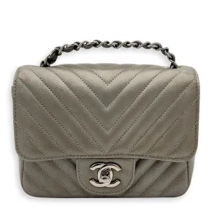 Chevron Square Mini Grey Crossbody Bag in Canvas, Silver hardware