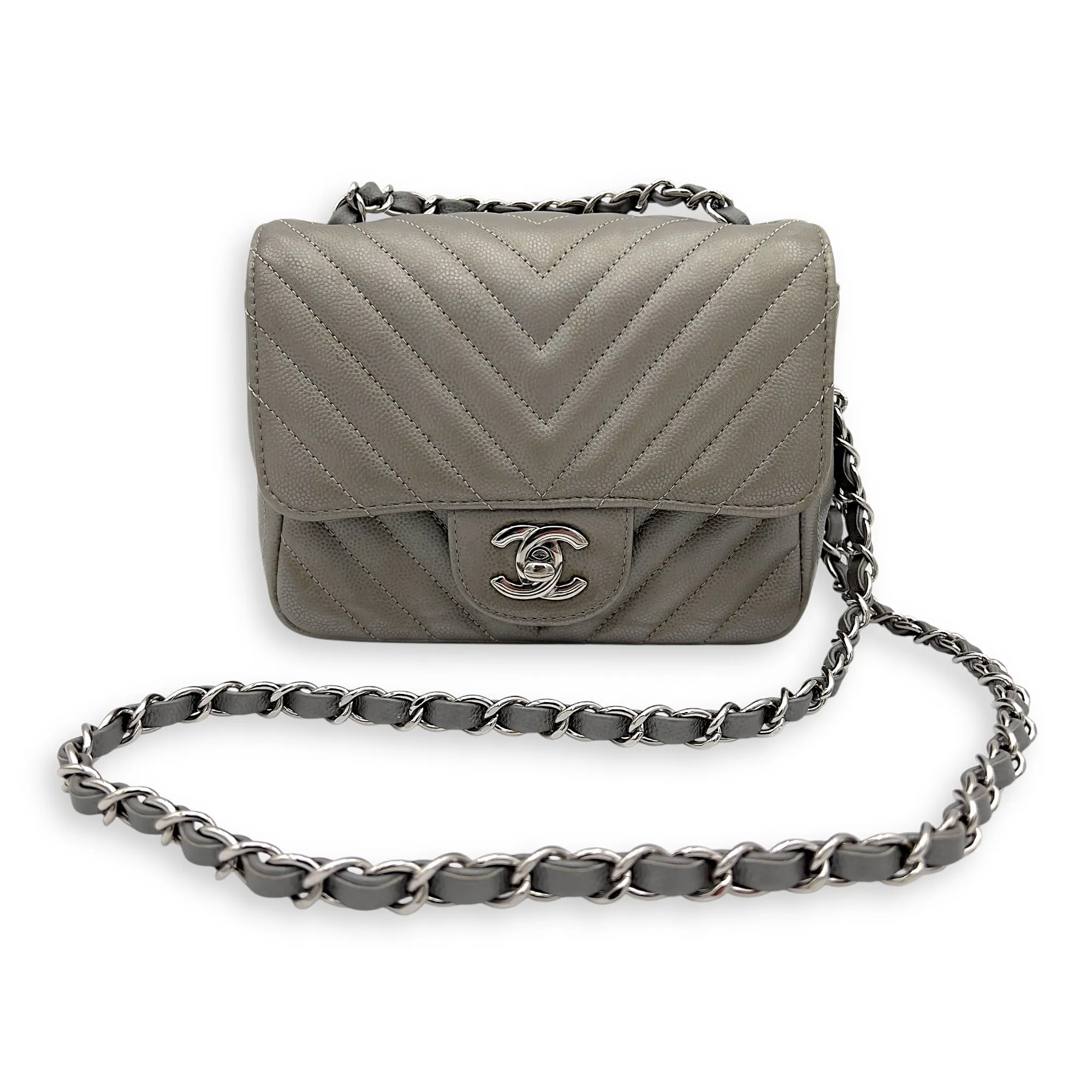 Chevron Square Mini Grey Crossbody Bag in Canvas, Silver hardware