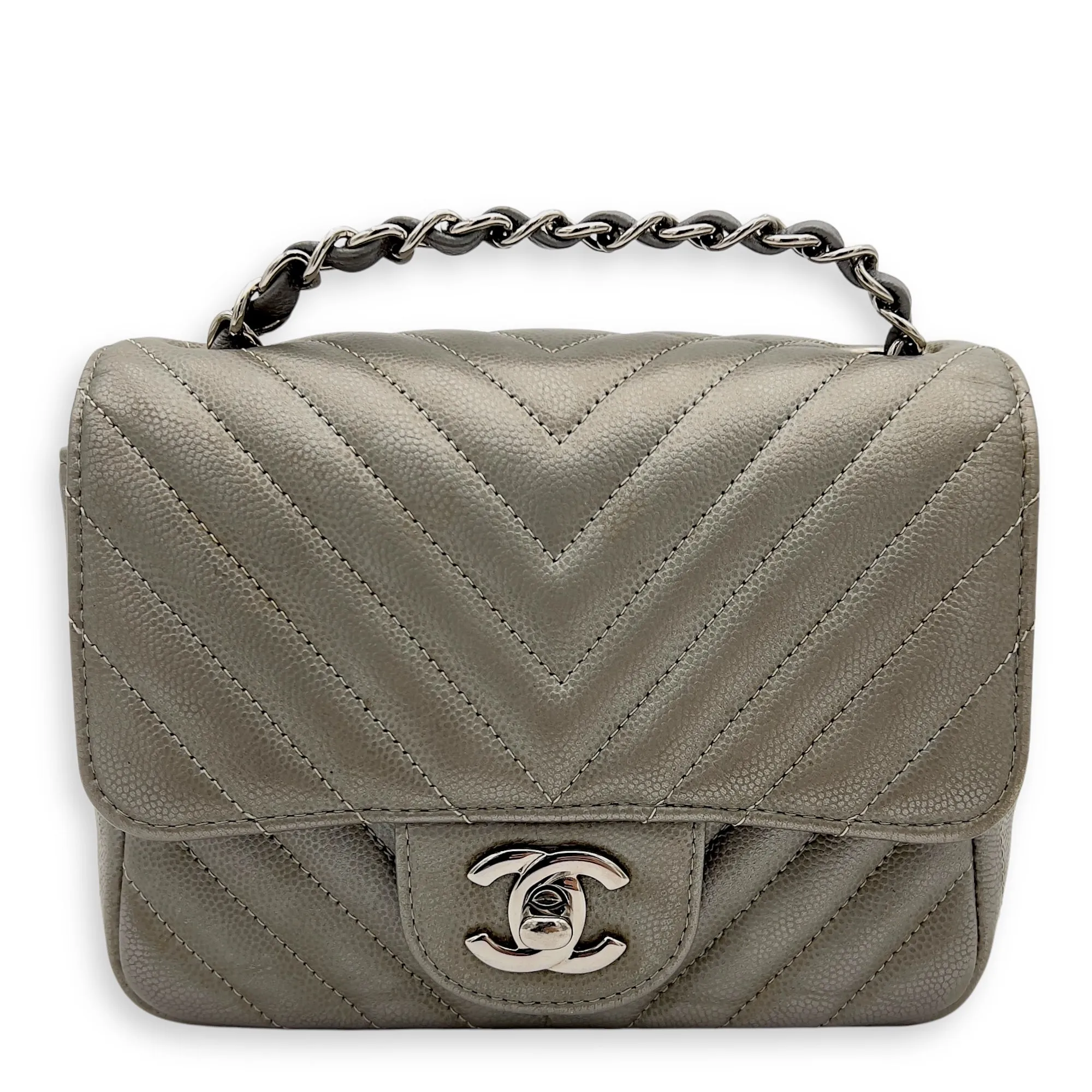Chevron Square Mini Grey Crossbody Bag in Canvas, Silver hardware