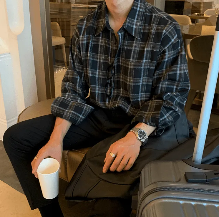 Chicmy-Korean style, Korean men's outfit, minimalist style, street fashion BLACK PLAID SHIRT