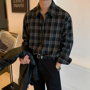 Chicmy-Korean style, Korean men's outfit, minimalist style, street fashion BLACK PLAID SHIRT