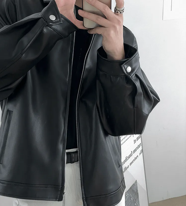 Chicmy-Korean style, Korean men's outfit, minimalist style, street fashion No. 4094 BLACK LEATHER JK