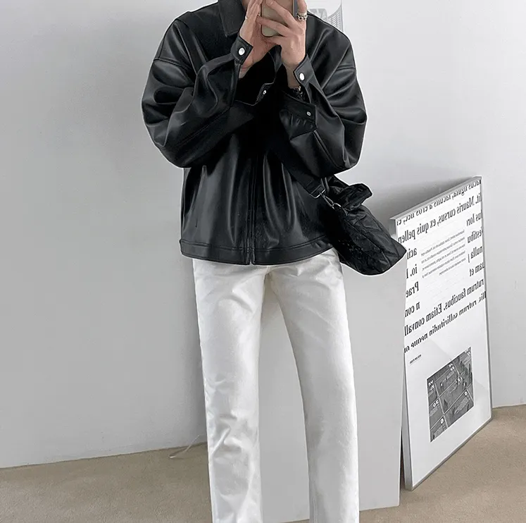 Chicmy-Korean style, Korean men's outfit, minimalist style, street fashion No. 4094 BLACK LEATHER JK