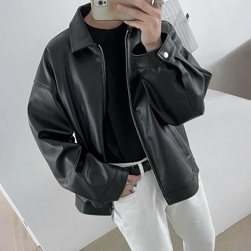 Chicmy-Korean style, Korean men's outfit, minimalist style, street fashion No. 4094 BLACK LEATHER JK