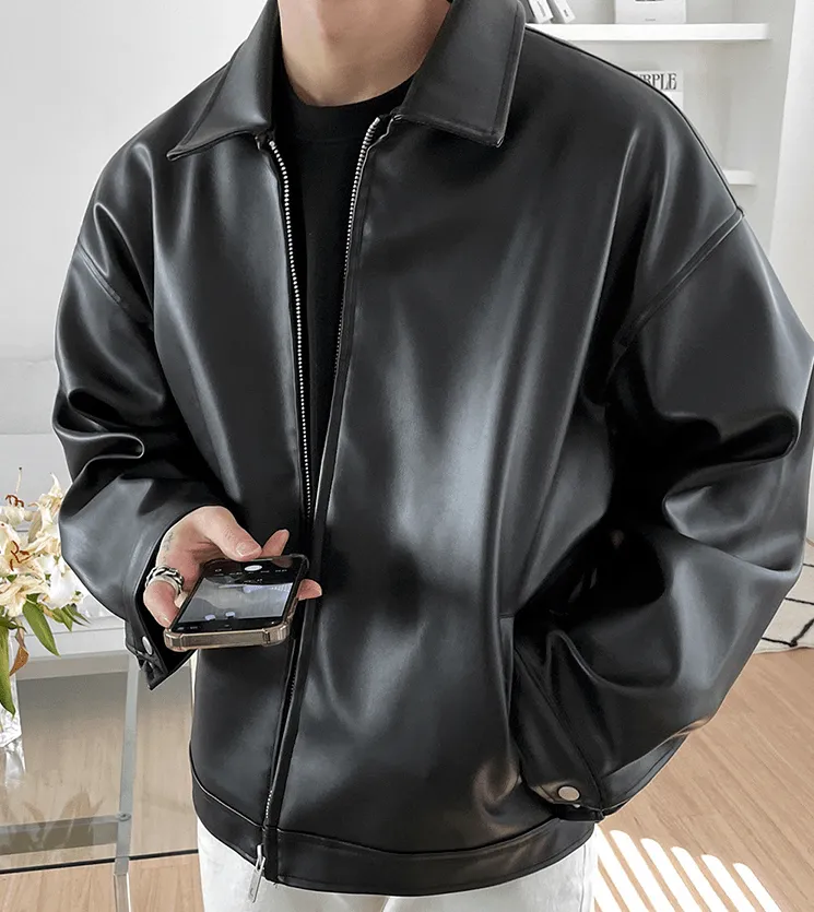 Chicmy-Korean style, Korean men's outfit, minimalist style, street fashion No. 4094 BLACK LEATHER JK