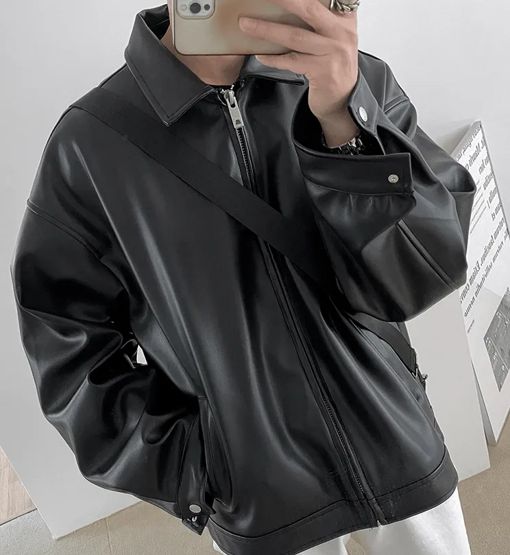 Chicmy-Korean style, Korean men's outfit, minimalist style, street fashion No. 4094 BLACK LEATHER JK