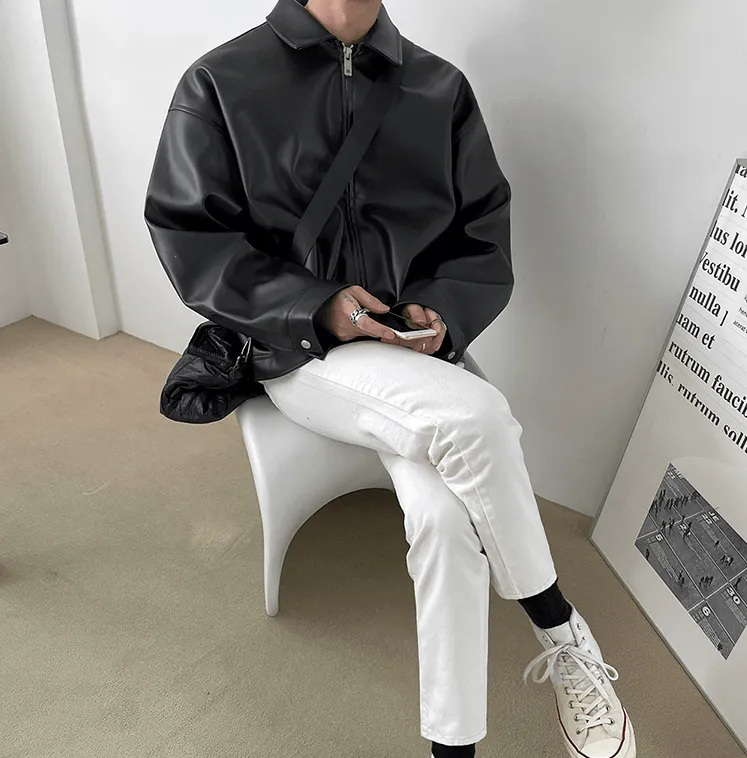 Chicmy-Korean style, Korean men's outfit, minimalist style, street fashion No. 4094 BLACK LEATHER JK