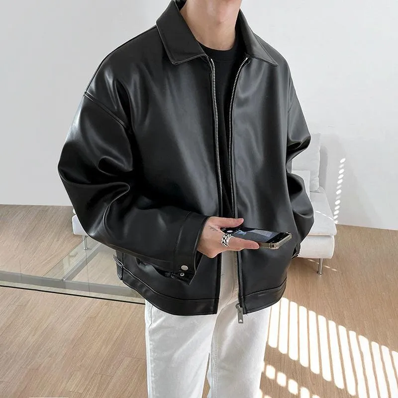Chicmy-Korean style, Korean men's outfit, minimalist style, street fashion No. 4094 BLACK LEATHER JK