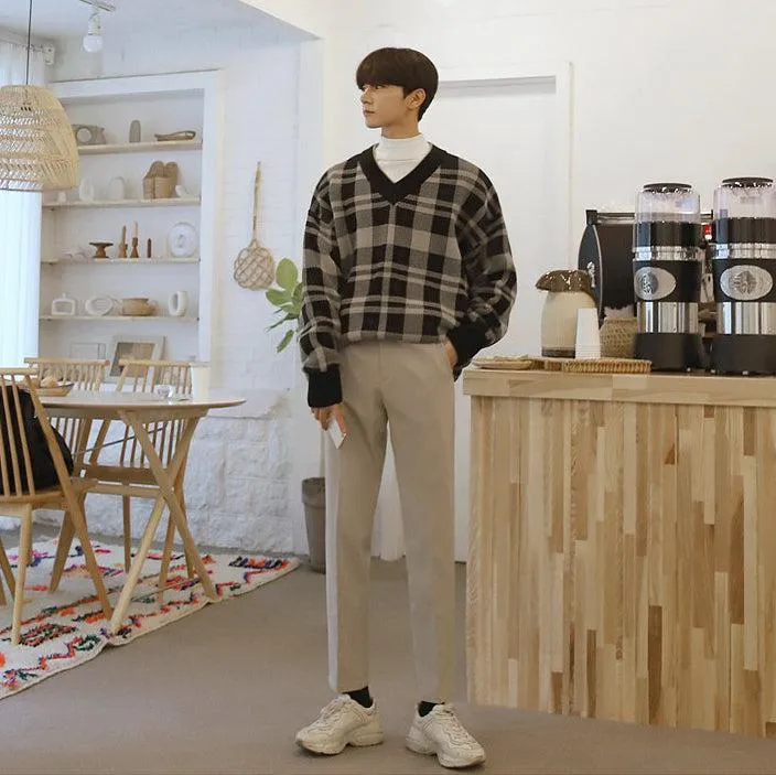 Chicmy-Korean style, Korean men's outfit, minimalist style, street fashion PLAID V-NECK SWEATER
