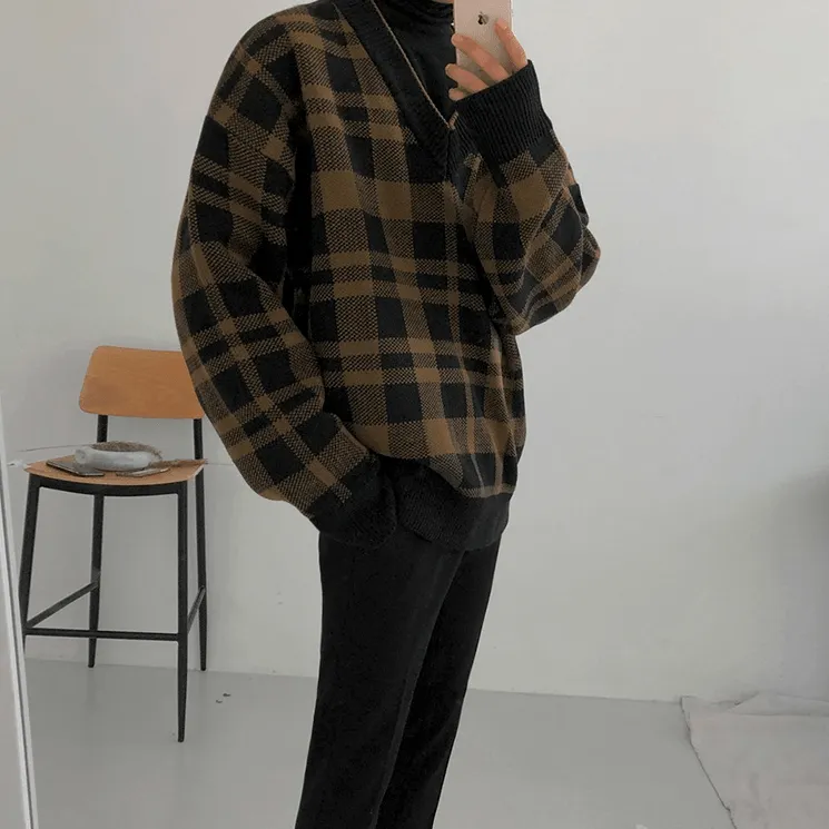 Chicmy-Korean style, Korean men's outfit, minimalist style, street fashion PLAID V-NECK SWEATER