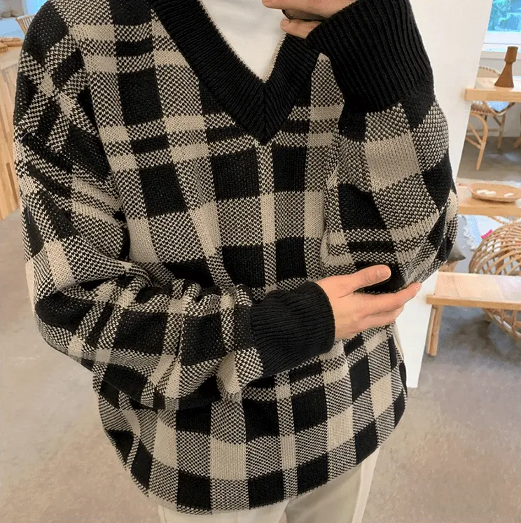 Chicmy-Korean style, Korean men's outfit, minimalist style, street fashion PLAID V-NECK SWEATER