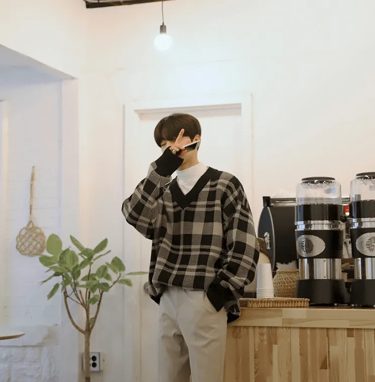 Chicmy-Korean style, Korean men's outfit, minimalist style, street fashion PLAID V-NECK SWEATER