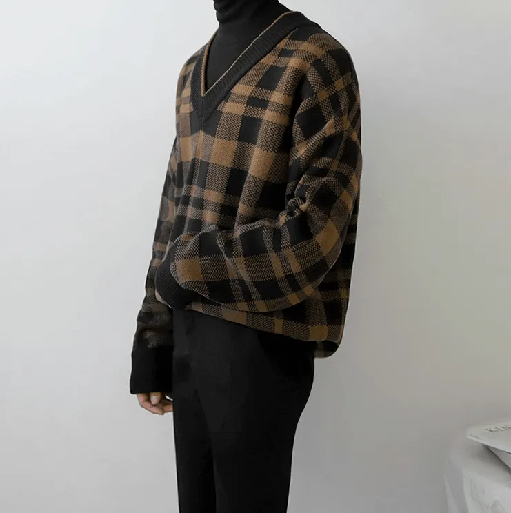 Chicmy-Korean style, Korean men's outfit, minimalist style, street fashion PLAID V-NECK SWEATER