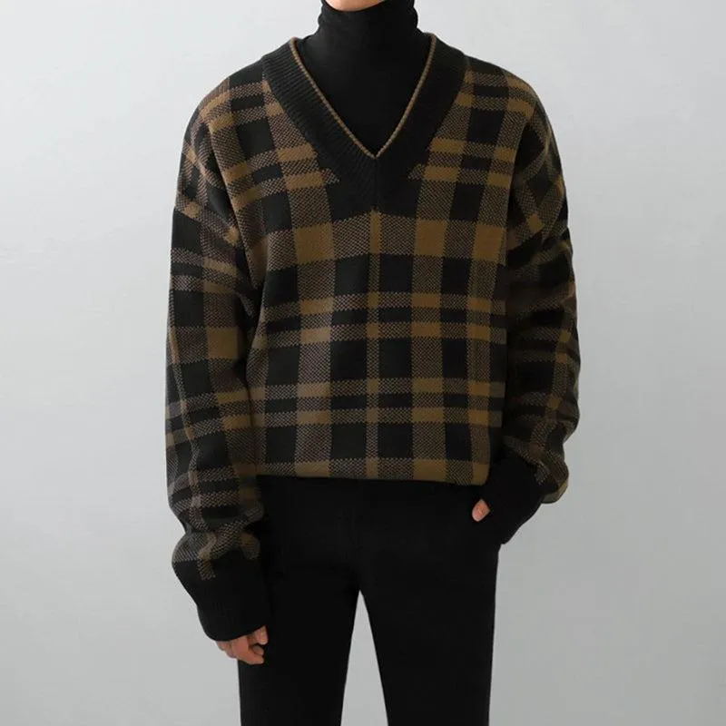 Chicmy-Korean style, Korean men's outfit, minimalist style, street fashion PLAID V-NECK SWEATER
