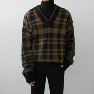 Chicmy-Korean style, Korean men's outfit, minimalist style, street fashion PLAID V-NECK SWEATER