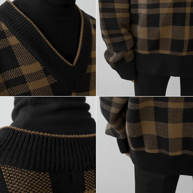Chicmy-Korean style, Korean men's outfit, minimalist style, street fashion PLAID V-NECK SWEATER