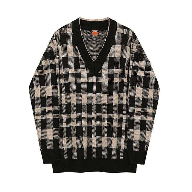 Chicmy-Korean style, Korean men's outfit, minimalist style, street fashion PLAID V-NECK SWEATER