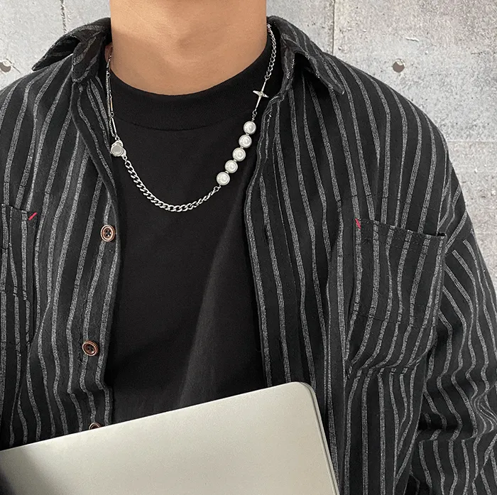 Chicmy-Korean style, Korean men's outfit, minimalist style, street fashionCROSS CHAIN PEARL NECKLACE