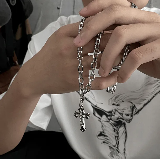 Chicmy-Korean style, Korean men's outfit, minimalist style, street fashionCROSS PENDANT CHAIN NECKLACE