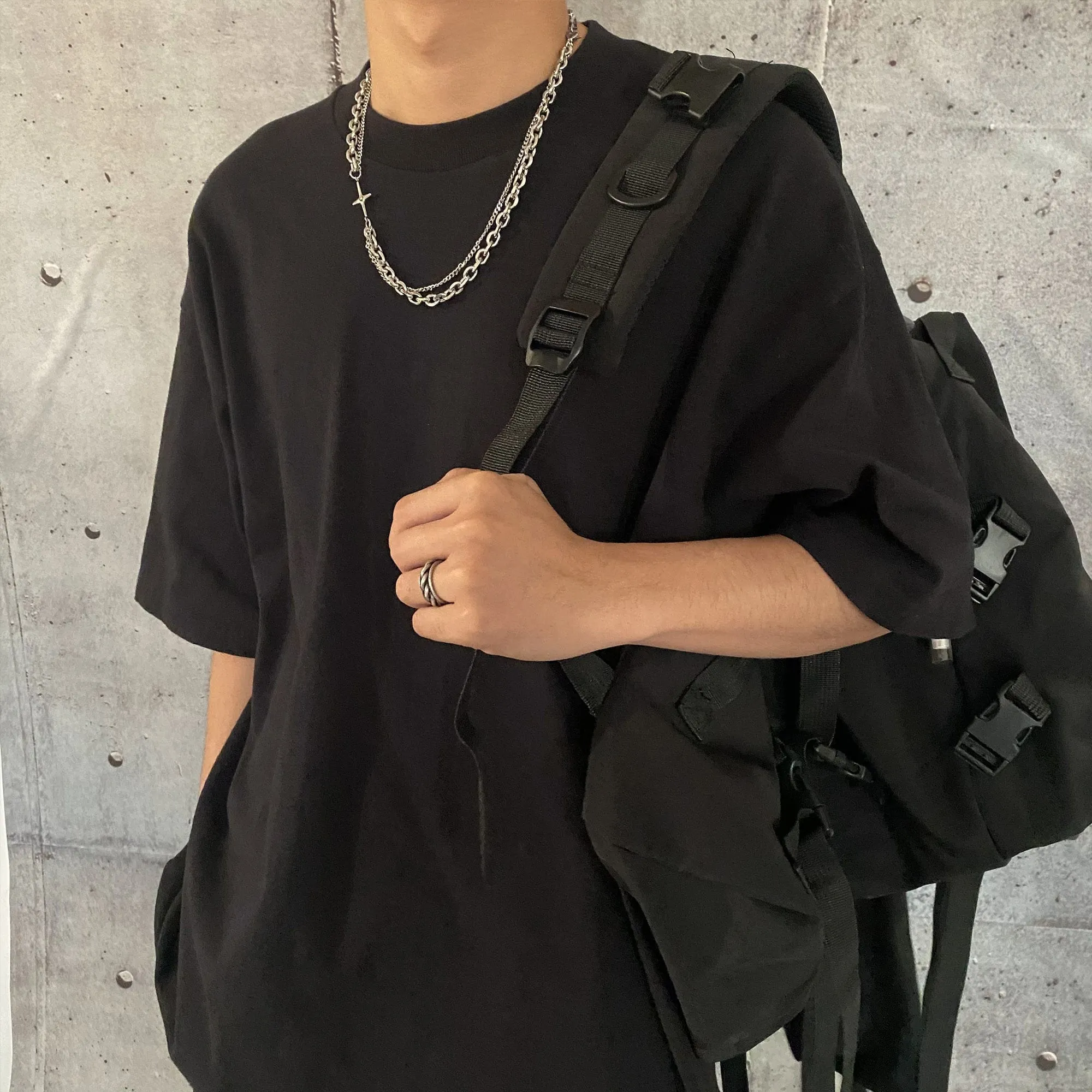 Chicmy-Korean style, Korean men's outfit, minimalist style, street fashionDOUBLE CHAIN CROSS NECKLACE