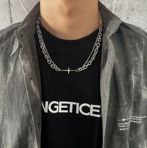Chicmy-Korean style, Korean men's outfit, minimalist style, street fashionDOUBLE CHAIN CROSS NECKLACE
