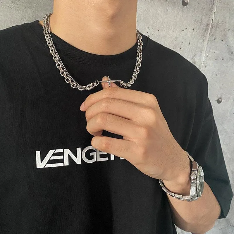 Chicmy-Korean style, Korean men's outfit, minimalist style, street fashionDOUBLE CHAIN CROSS NECKLACE