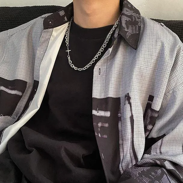 Chicmy-Korean style, Korean men's outfit, minimalist style, street fashionDOUBLE CHAIN CROSS NECKLACE
