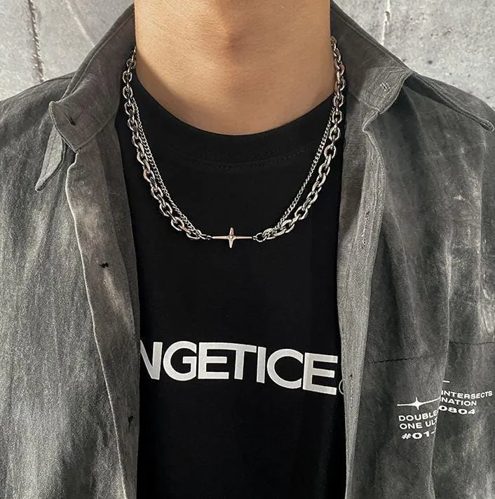 Chicmy-Korean style, Korean men's outfit, minimalist style, street fashionDOUBLE CHAIN CROSS NECKLACE