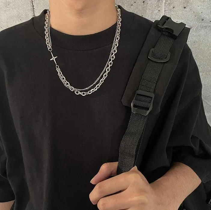 Chicmy-Korean style, Korean men's outfit, minimalist style, street fashionDOUBLE CHAIN CROSS NECKLACE
