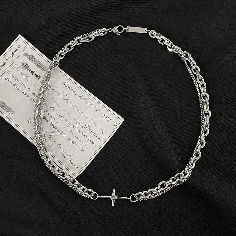 Chicmy-Korean style, Korean men's outfit, minimalist style, street fashionDOUBLE CHAIN CROSS NECKLACE