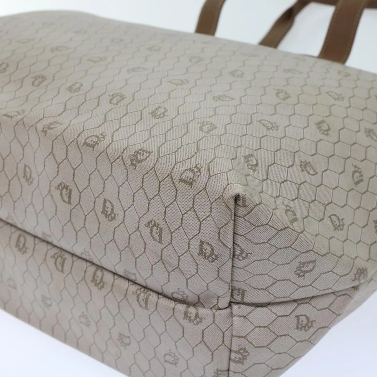 CHRISTIAN DIOR Honeycomb Canvas Tote Bag PVC Leather Beige Brown Auth ar9982