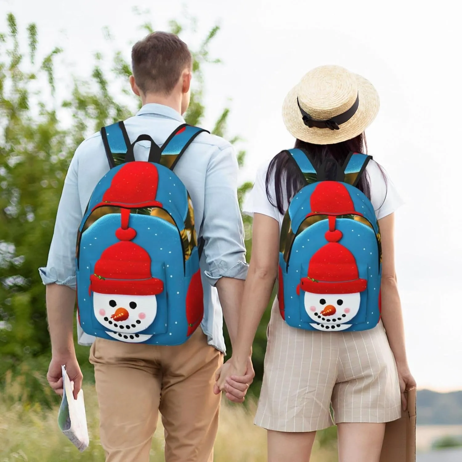 Christmas Carton Snowman Print Canvas Backpack Women,Mens Travel Casual Daypack Bookbag For Laptop Work Travel Hiking